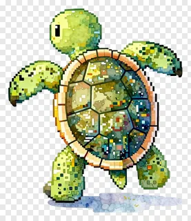 A dancing turtle with a glitchy pixel art style.