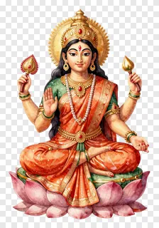 Seated Goddess Lakshmi with four arms on a lotus base.