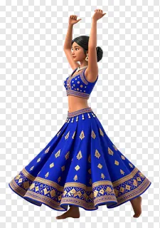 A 3D blue lehenga dancer with raised arms.