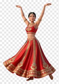 A woman in a red and gold embroidered lehenga dancing in a dynamic pose.