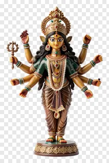 Statue of Durga with eight arms holding a trishul.