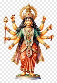 Goddess Durga with eight arms holding a trishul.