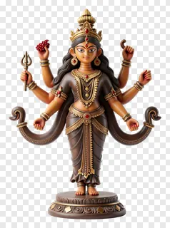 Bronze statue of Durga with eight arms holding a trishul.