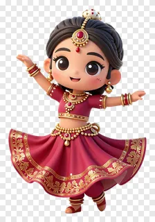 A 3D animated girl dancing in a red lehenga with gold details.