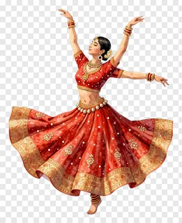 A woman in a red lehenga dancing in a dynamic pose.