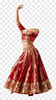 A woman in a red and gold lehenga dancing with one arm raised.