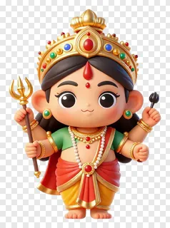 Cartoon goddess Durga with a trident in her hand.