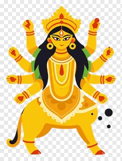 Golden goddess Durga riding a lion with multiple arms.