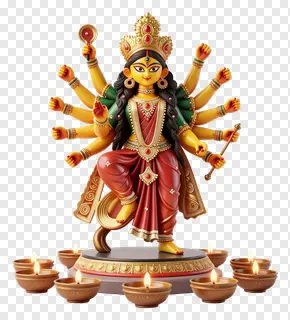 Golden ten-armed Durga statue with lit diya lamps.