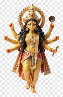 Golden Durga statue with eight arms holding fan and mace.