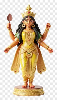 Golden Durga idol holding a feather staff.