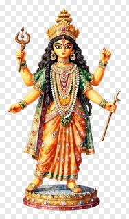 Statue of Goddess Durga with four arms holding weapons.