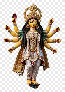 Golden Durga statue with eight arms holding a leaf.