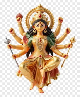 Golden statue of Goddess Durga with eight arms sitting on a lotus throne.