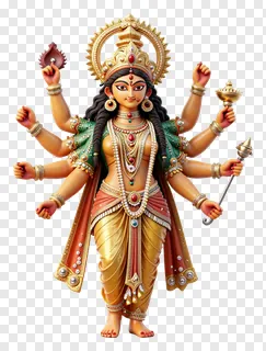 Goddess Durga statue with multiple hands holding weapons.
