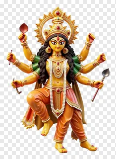 Statue of Goddess Durga standing on one foot with raised weapon hand.