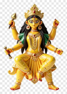 Statue of Goddess Durga with multiple arms and gold attire.