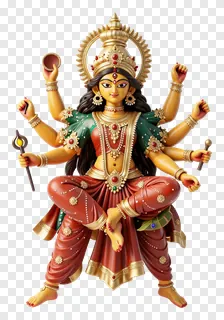 Goddess Durga statue with eight arms wearing golden crown and red dress.