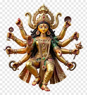 Golden statue of Goddess Durga with multiple arms and serpent motifs.