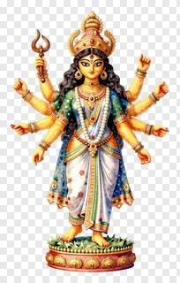 Goddess Durga with eight arms holding a trishul.