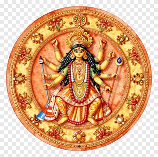 Golden eight-armed Durga goddess in a decorative circular frame.
