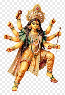 Golden eight-armed goddess Durga in dynamic pose.