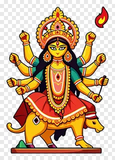 Golden Durga goddess with eight arms riding a lion.