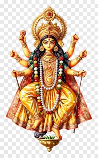 Eight-armed Goddess Durga sitting on a lotus base wearing gold attire.