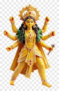 Golden eight-armed Durga statue with weapons and crown.
