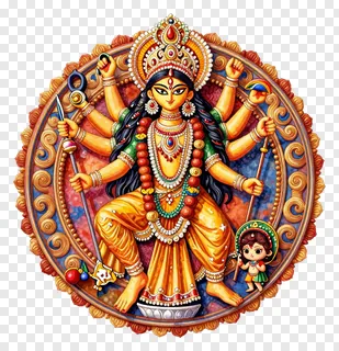 Eight-armed golden goddess Durga holding weapons beside a child.