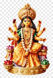 Eight-armed Goddess Durga statue wearing gold ornaments and sitting on a decorated pedestal.