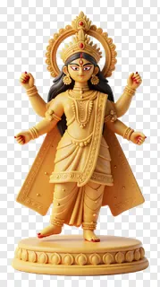 Golden eight-armed Durga statue with raised hands.