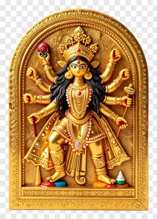Golden eight-armed Durga statue holding weapons.