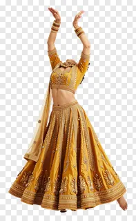 Dancer wearing gold embroidered attire performing garba dance with hands up.