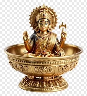 Golden Lakshmi deity seated in a decorative bowl.