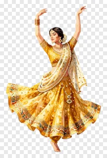 A woman in a golden lehenga dancing in a dynamic pose.