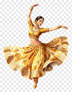 A woman dancing in a golden lehenga with arms outstretched.