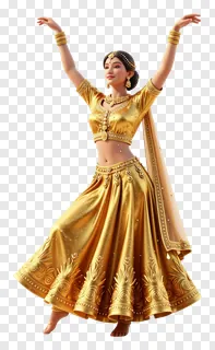 A golden-clad Garba dancer with arms raised in a dynamic pose.