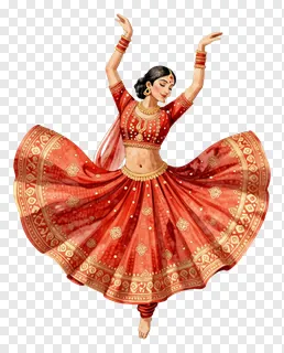 A woman dancing in a red lehenga with raised arms.