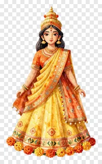 A woman in a golden and orange sari with floral decorations.
