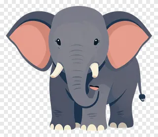 A gray cartoon elephant with pink ears and small tusks.