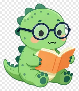 A green dinosaur wearing glasses reading a book.