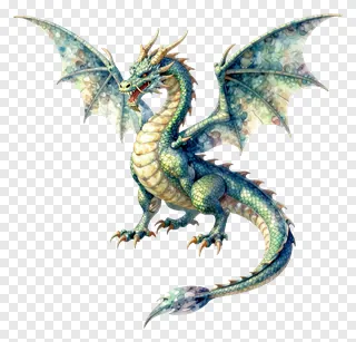 A green dragon with wings spread wide.