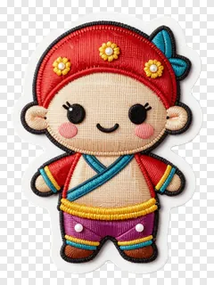 Stitched cartoon character dressed in traditional clothing.