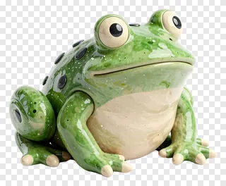 Green ceramic frog sculpture with black spots.
