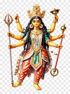Golden goddess Durga with eight arms holding weapons.