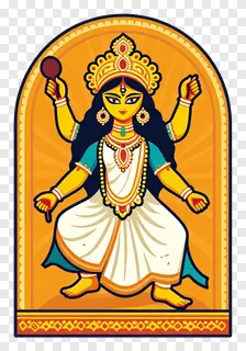 Eight-armed goddess Durga with raised hands and golden crown.