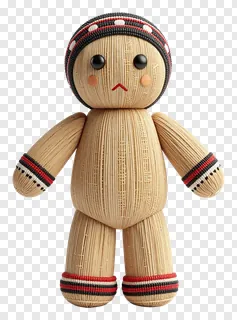 Handcrafted corn husk doll with woven hat and striped bands.