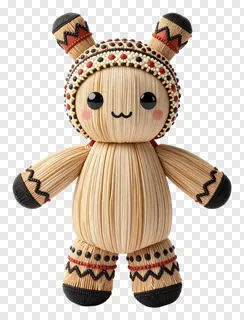 A corn husk doll wearing a beaded headband and smiling.