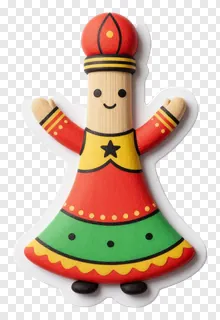 A wooden dandiya stick dressed in red, green, and yellow, dancing with arms raised.